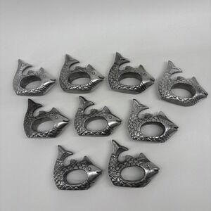 Pewter Silver Metal Fish Shaped Napkin Rings Nautical‎ Coastal Set of 9